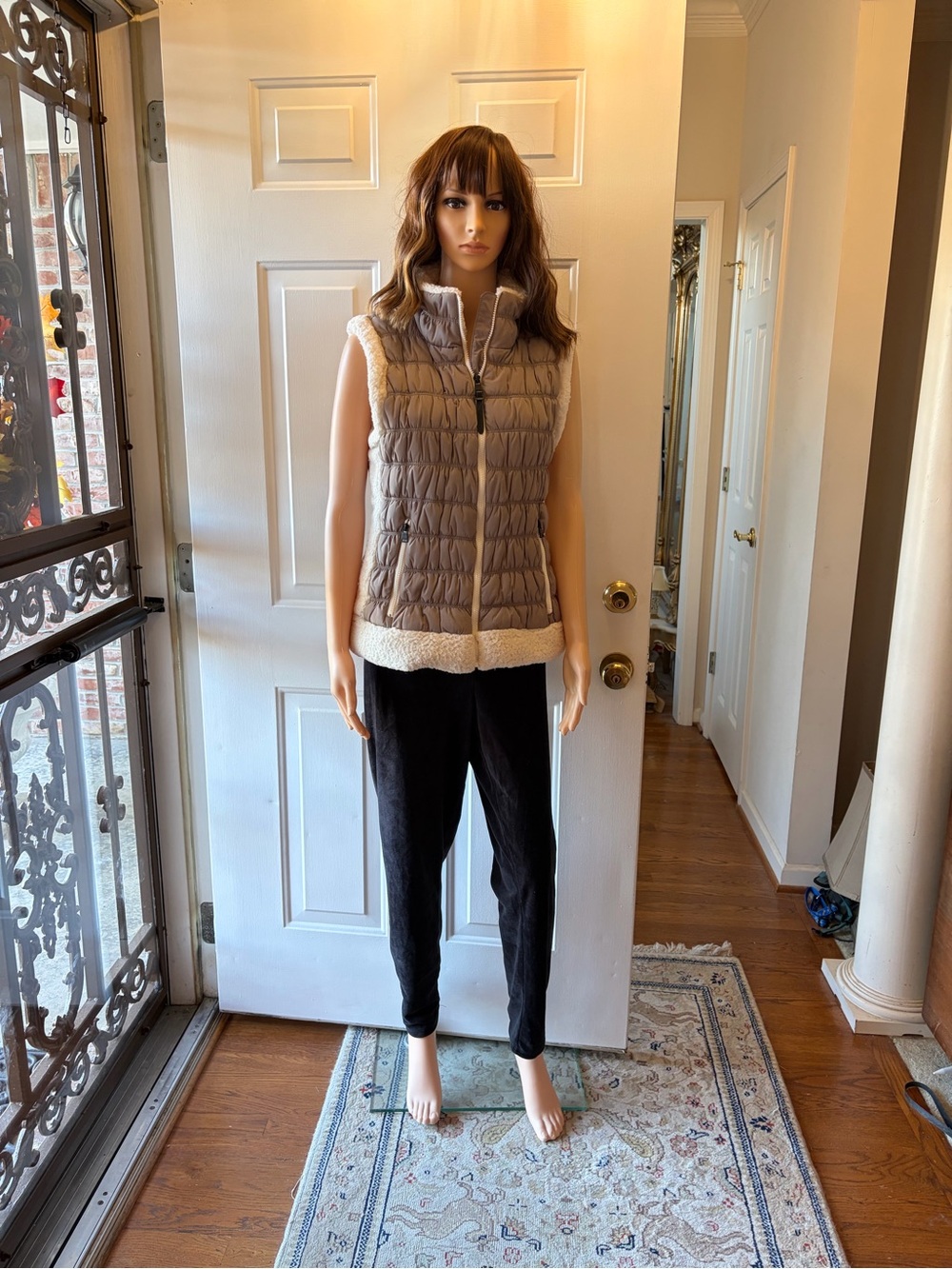 Calvin Klein Performance Sleeveless Quilted Taupe Vest with Sherpa Trim - Women